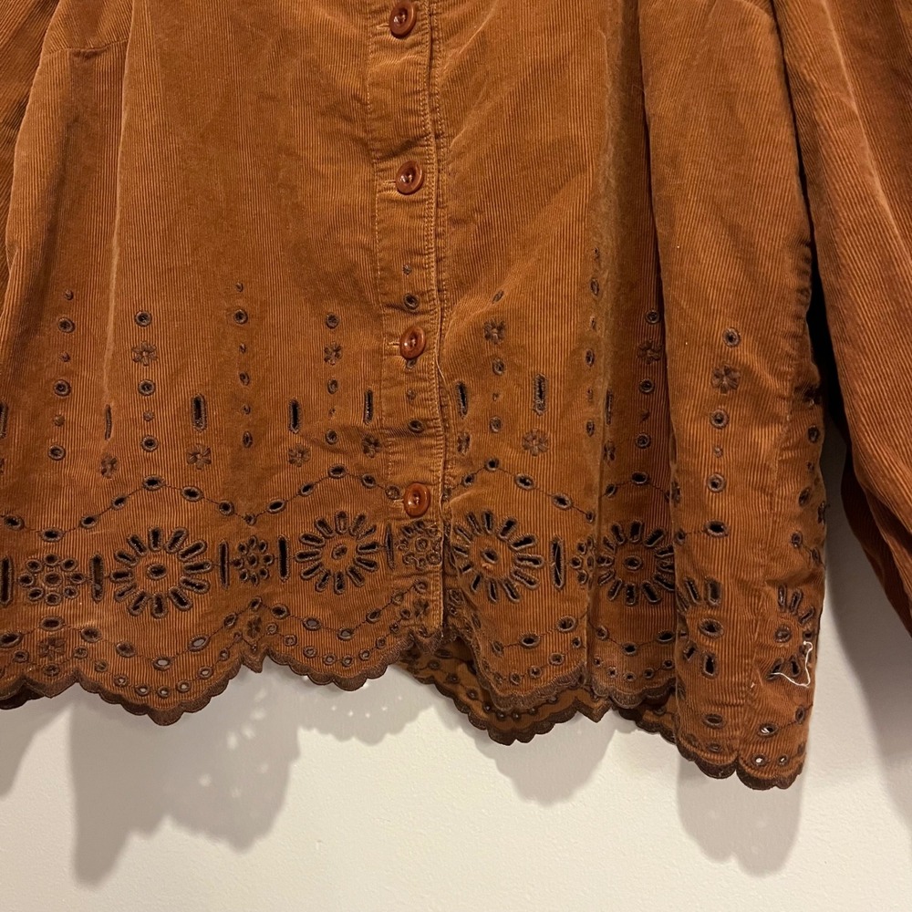 Madewell Shirt Embroidered Eyelet Corduroy Tie-Sleeve Top Brown Square Neck Med - Picture 4 of 8